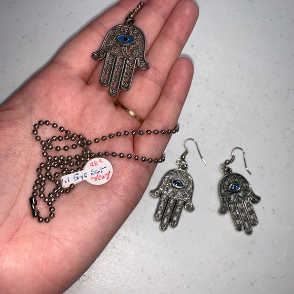 28" Ball Chain Necklace with Hamsa Pendant and Matching earrings, set - Picture 9 of 10